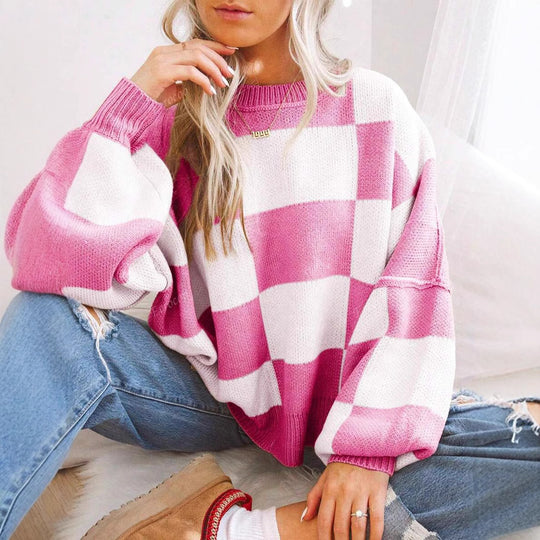 Damen modischer Pullover mit Karomuster und weitem Schnitt R&B