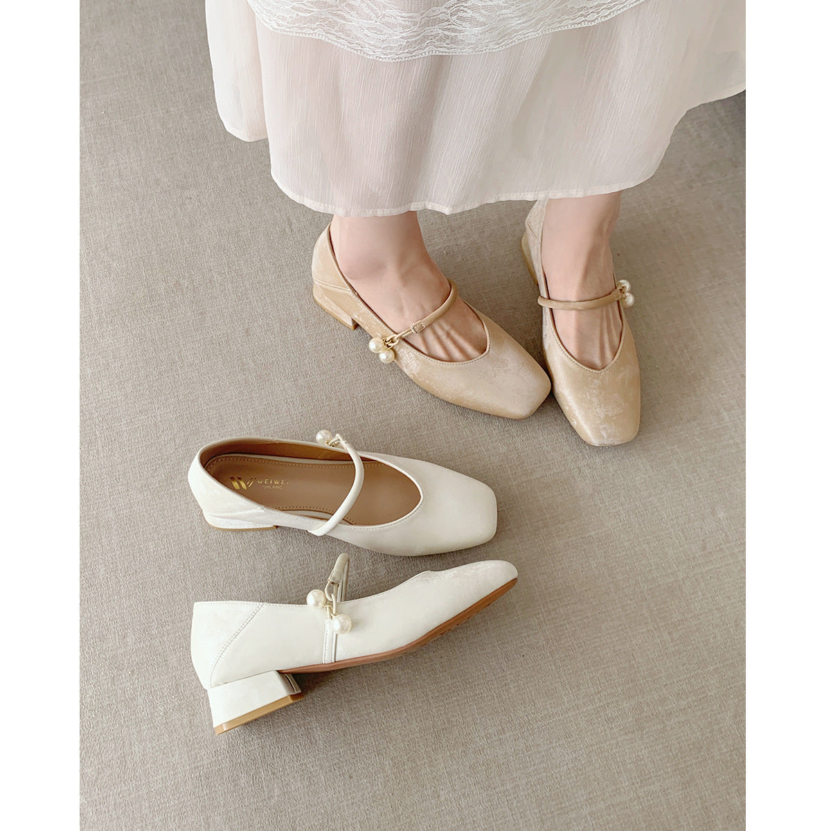 Damen Ballerinas mit Perlenschmuck und bequemem Blockabsatz