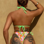 Damen Triangel-Bikini mit verspielten Blumendruck und einstellbaren Bindändern