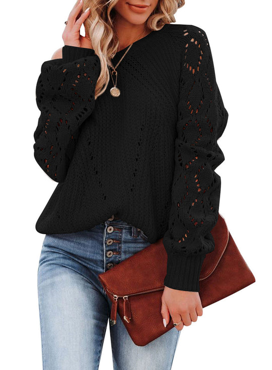 Damen Eleganter Strickpullover mit luftiger Häkelstruktur und weiten Ärmeln R&B