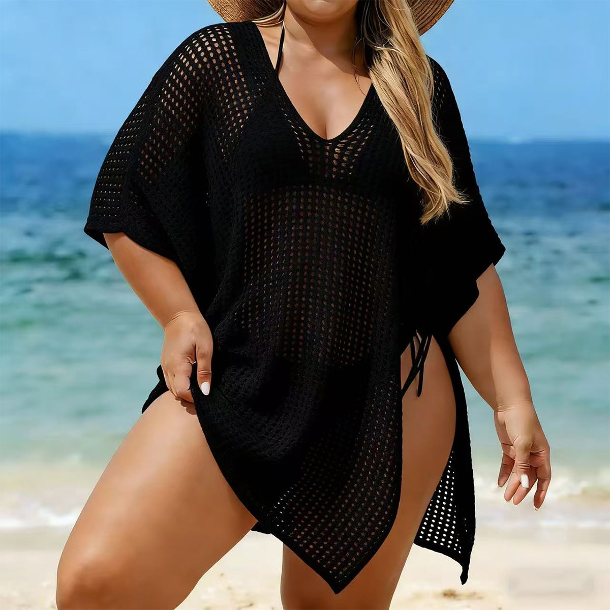 Damen luftiger Strandüberwurf mit V-Ausschnitt und seitlichem BindR&Band R&B