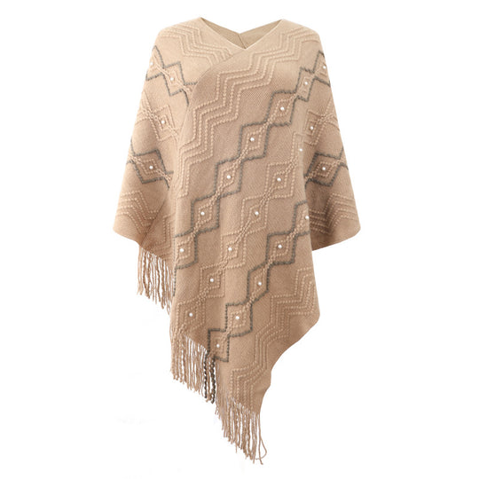 Damen eleganter Poncho mit auffälligem Strukturmuster und dekorativen Fransen R&B