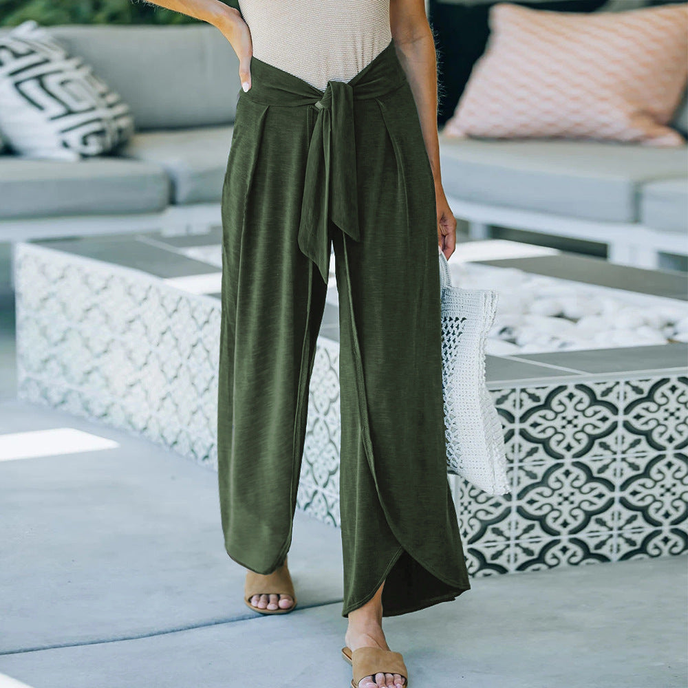 Damen elegante Palazzo-Hose mit stylichem Bindegürtel und hohem Bund R&B