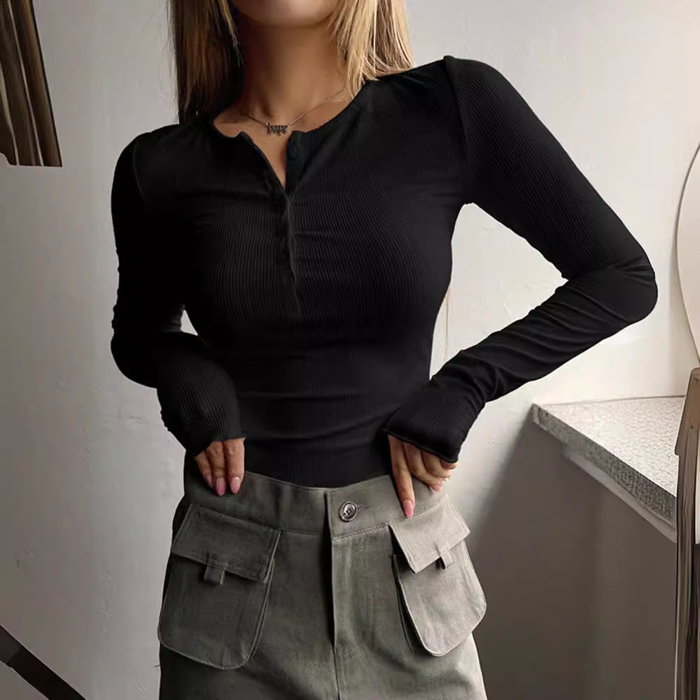 Damen Langarmshirt mit Knopfleiste und feiner Rippstruktur R&B