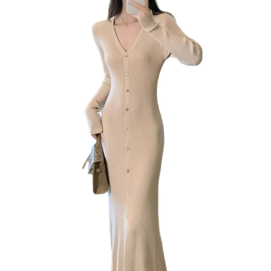 Damen Elegantes Maxikleid mit Knopfdetails und V-Ausschnitt R&B