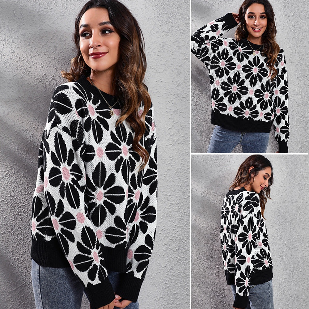 Damen Gemusterter Strickpullover mit floralem Design und hohem Kragen R&B