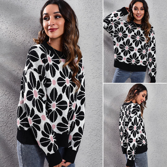 Damen Gemusterter Strickpullover mit floralem Design und hohem Kragen R&B