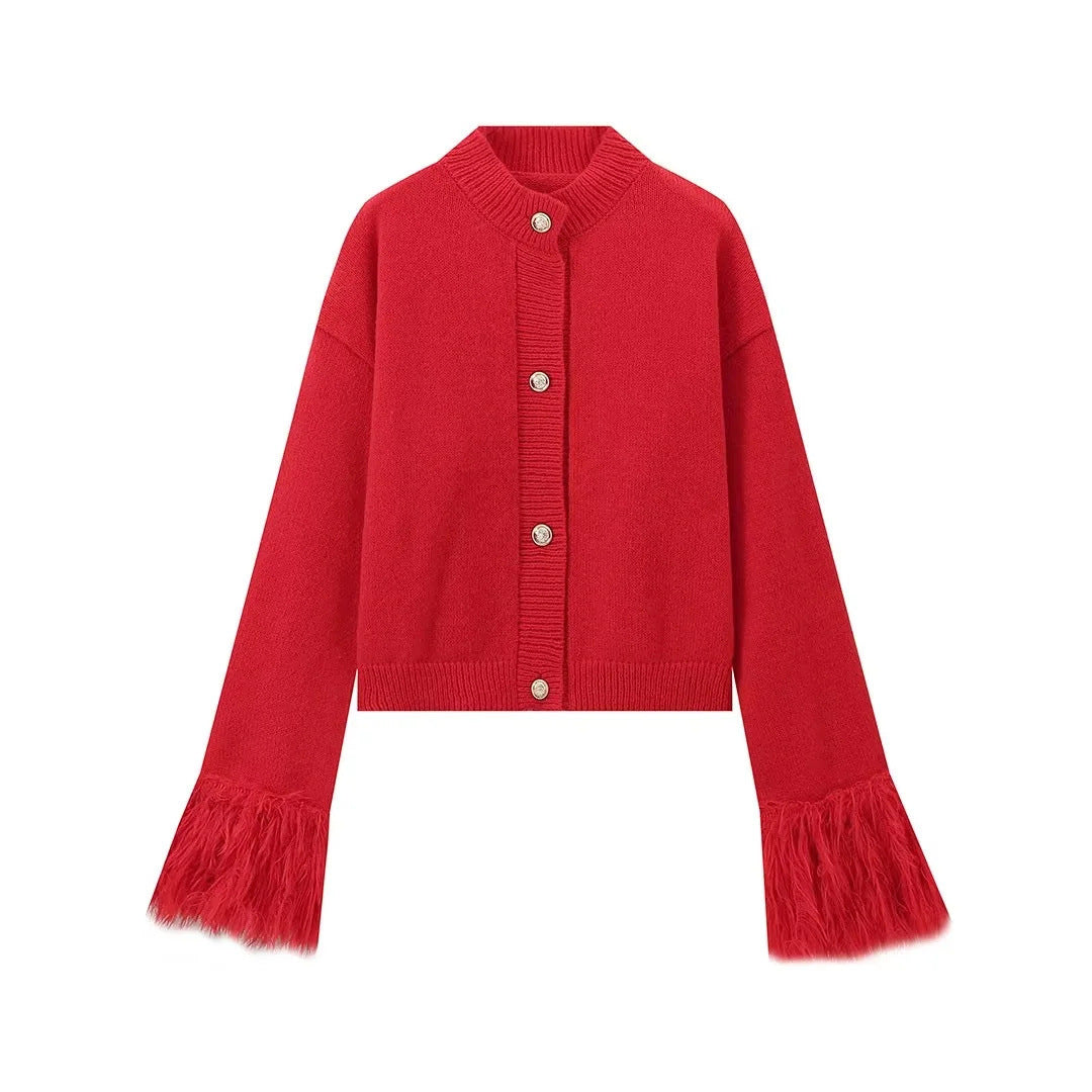 Damen lässige Strickjacke mit dekorativen Fransen und hochwertigen Knöpfen R&B