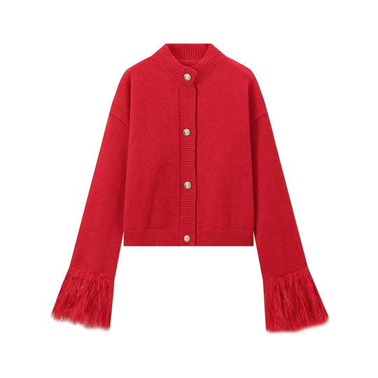 Damen lässige Strickjacke mit dekorativen Fransen und hochwertigen Knöpfen R&B