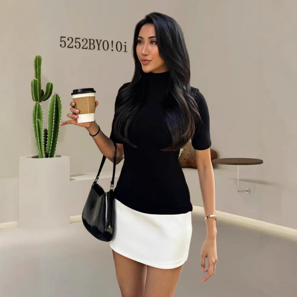 Damen Elegantes Oberteil mit hohem Kragen und kurzen Ärmeln R&B