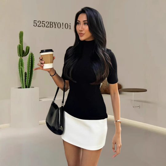 Damen Elegantes Oberteil mit hohem Kragen und kurzen Ärmeln R&B