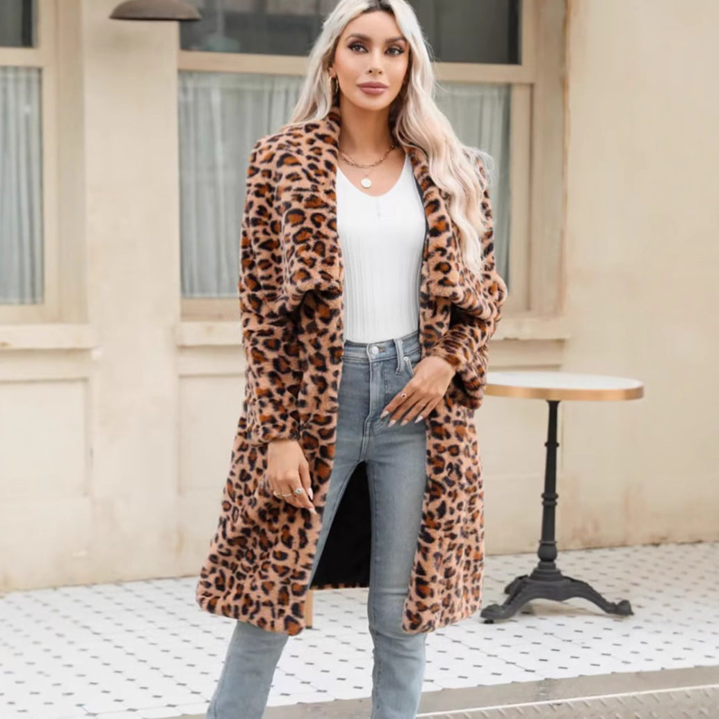 Damen Langärmeliger Leopardenmuster Plüschmantel R&B