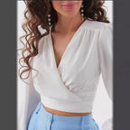 Damen Viskose Wrap-Bluse mit Puffärmel und tiefem V-Ausschnitt R&B