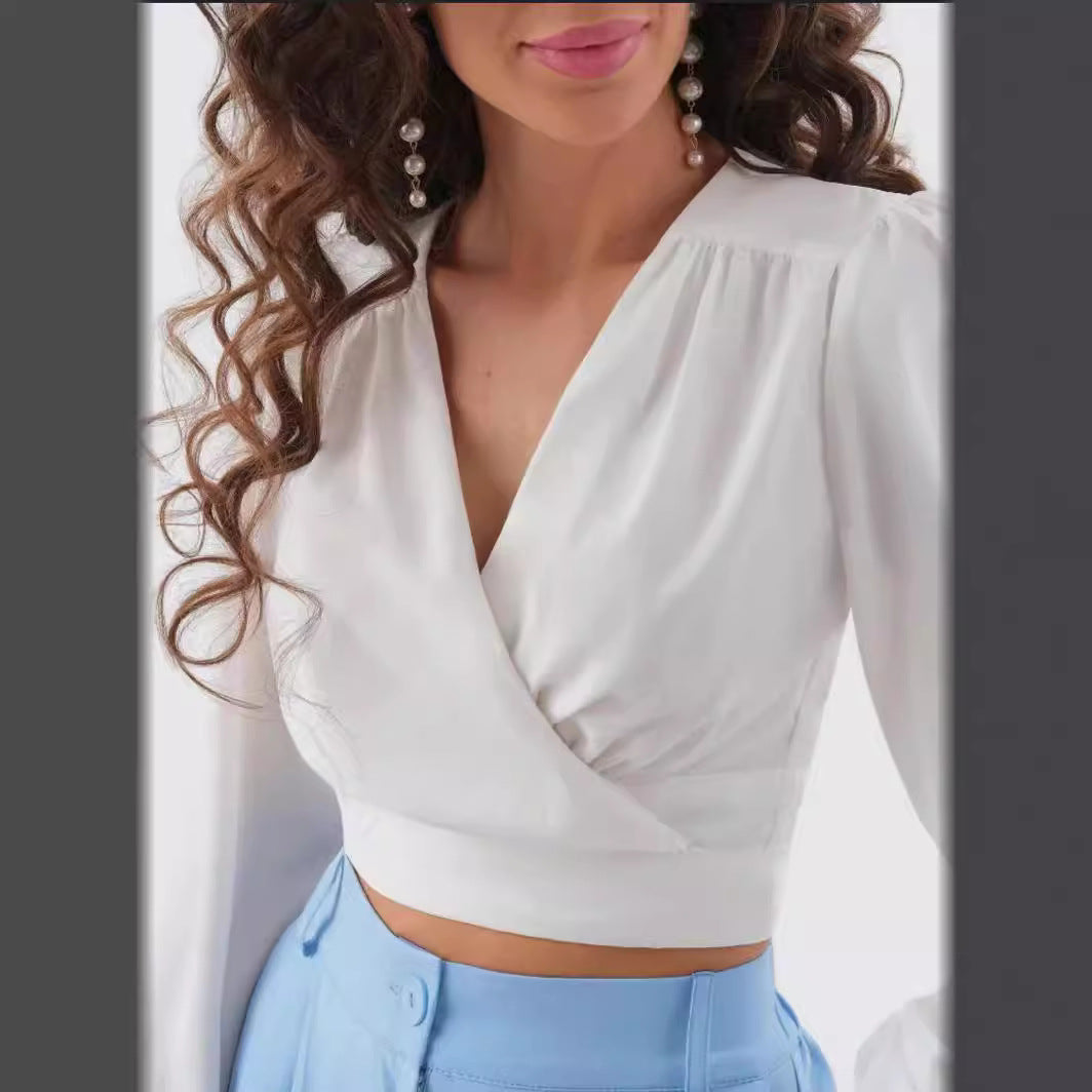 Damen Viskose Wrap-Bluse mit Puffärmel und tiefem V-Ausschnitt R&B