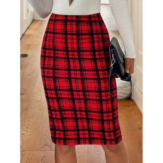 Damen Karierter Midi-Rock im Stretch-Stil mit figurbetontem Schnitt R&B