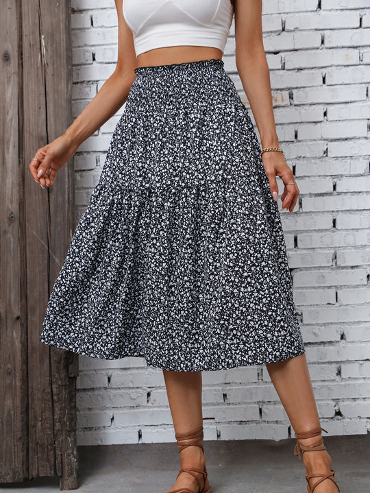 Damen Langer Rock mit floralem Print und elastischem Bund Heidi Mode