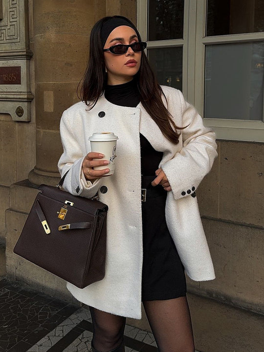 Damen elegante Oversized-Wolljacke mit Knopfdetails R&B