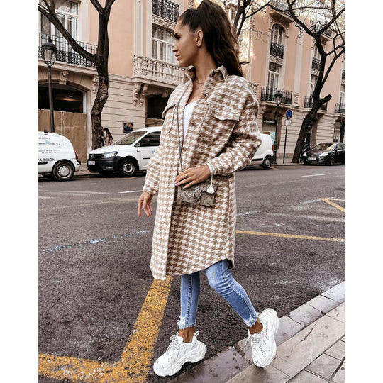 Damen Hahnentritt-Muster Oversized Hemdjacke R&B