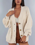 Damen Grobstrickjacke mit eleganter Knopfleiste und voluminösen Puffärmeln R&B