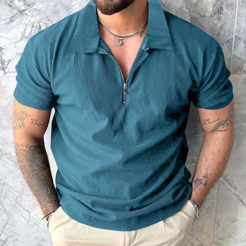 Herren modisches kurzärmliges Polo-Shirt mit lässigem Hochkragen und Reißverschluss R&B