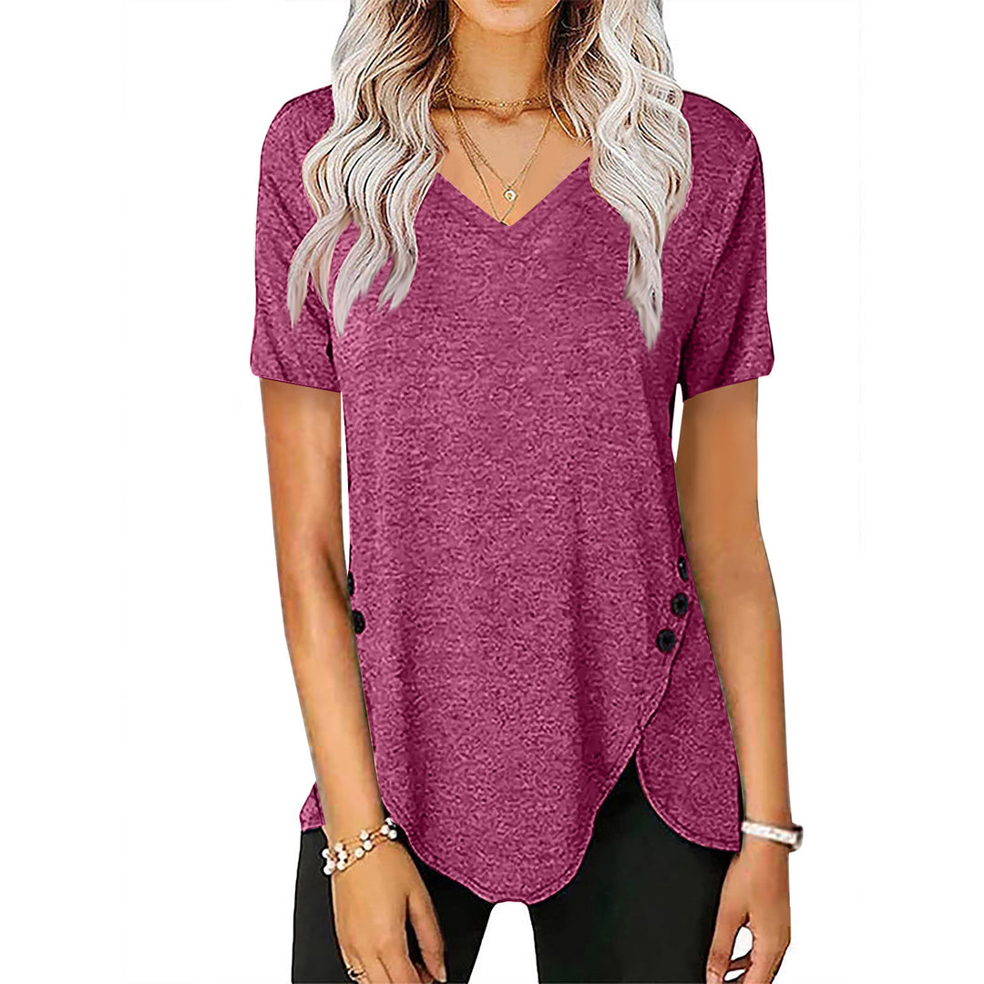 Damen lässiges V-Ausschnitt T-Shirt mit asymmetrischem Saum und dekorativen Knopfdetails R&B