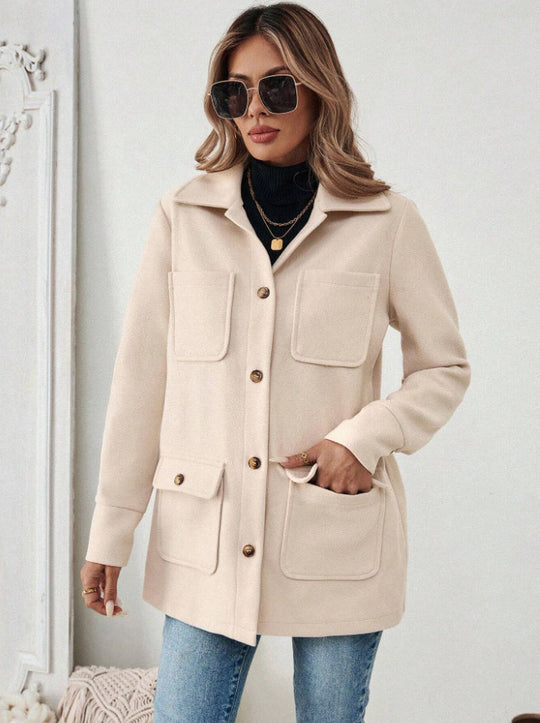 Damen Modische Utility-Jacke mit großen Taschen und goldenem Druck R&B