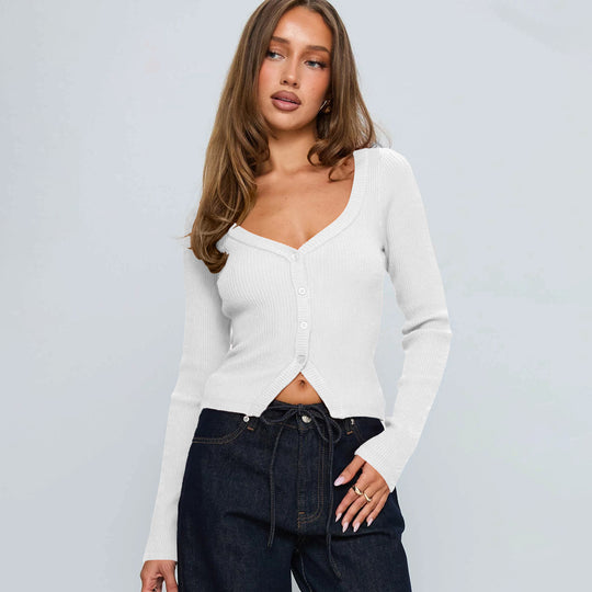 Damen Elegantes Ripp-Cardigan mit V-Ausschnitt und Knopfleiste R&B