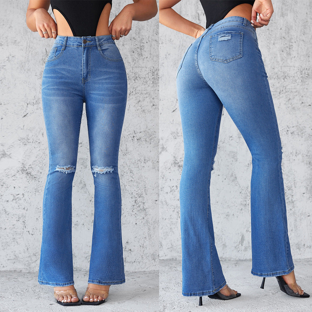 Damen Flared Jeans im modernen Used-Look mit eleganten Rissen und hohem Taillenbund R&B