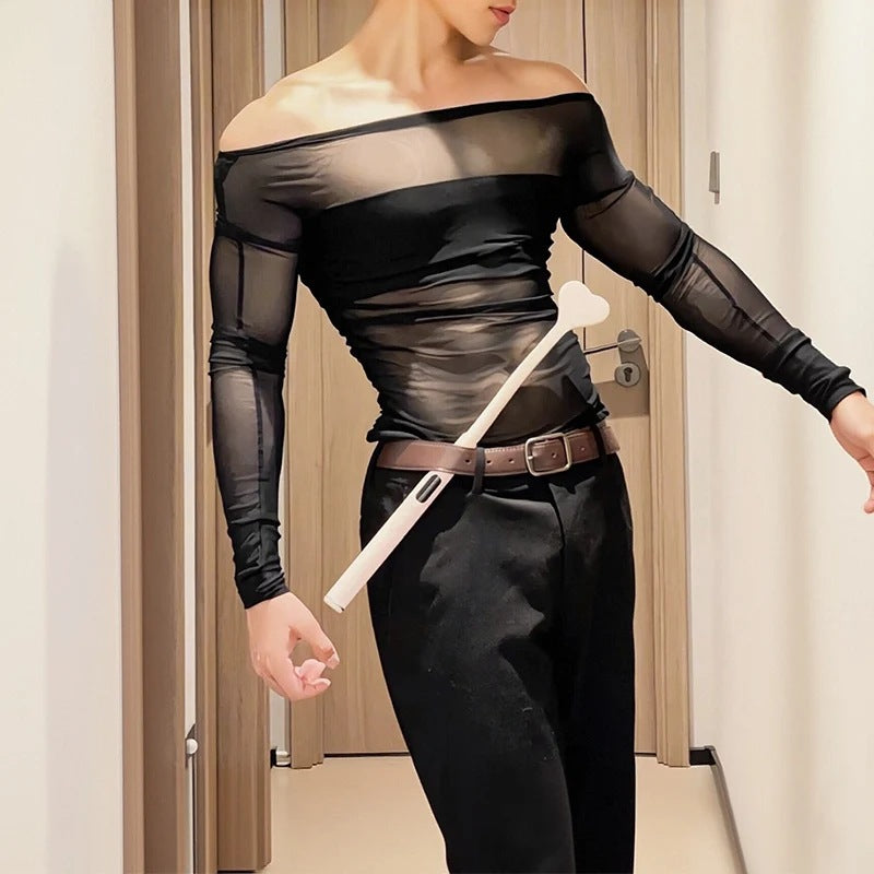 Damen nan transparentes Netz-Langarm-Oberteil mit blickdichtem Brustband und weitem Rundhalsausschnitt R&B