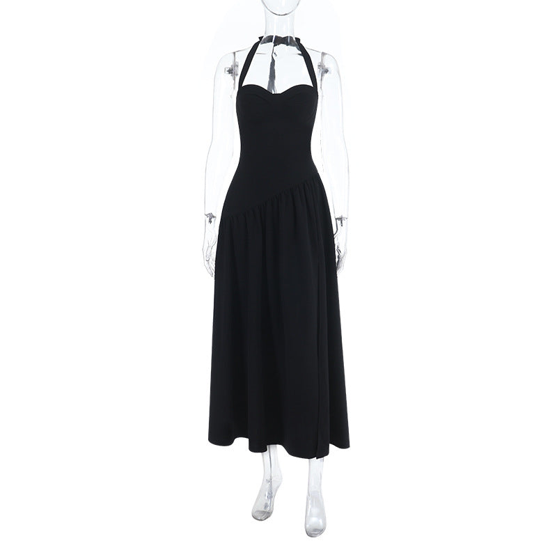 Damen schulterfreies Maxikleid mit raffiniertem Halterneck und fließendem Rock R&B