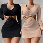 Damen Cut-Out Strandkleid mit langen Ärmeln