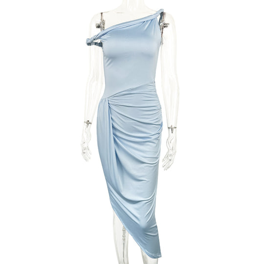 Damen elegantes asymmetrisches Maxikleid mit Raffungen R&B