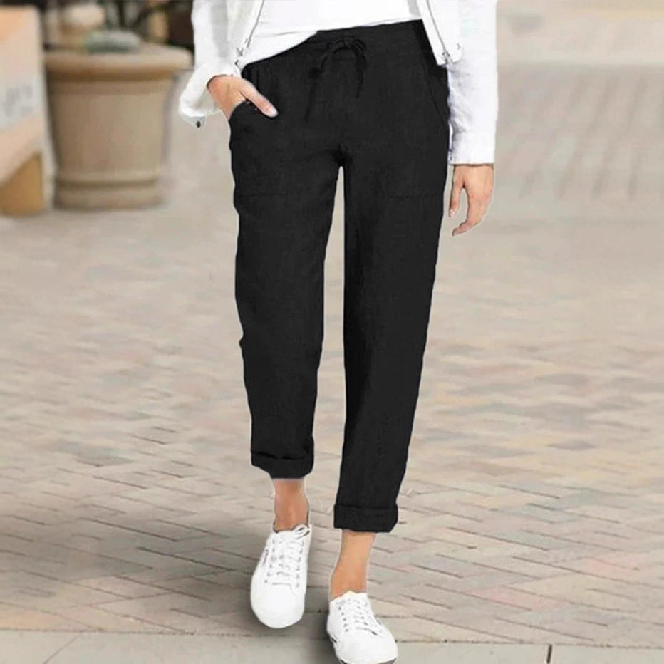 Damen entspannte Leinenhose mit elastischem Bund und praktischen Taschen R&B