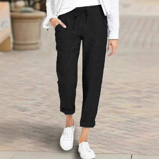 Damen entspannte Leinenhose mit elastischem Bund und praktischen Taschen R&B