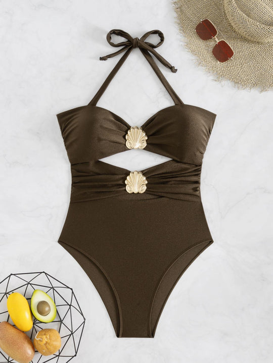 Damen Hochwertiger Einteiler Badeanzug mit stilvollem Wickeldesign und dekorativem Muschel-Detail R&B