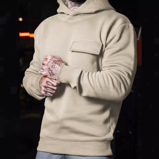 Herren nan athletischer Kapuzenpullover mit aufgesetzter Klappentasche aus schwerer French-Terry R&B