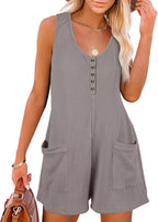 Damen lässiger Kurz-Jumpsuit mit Knopfleiste und Taschen