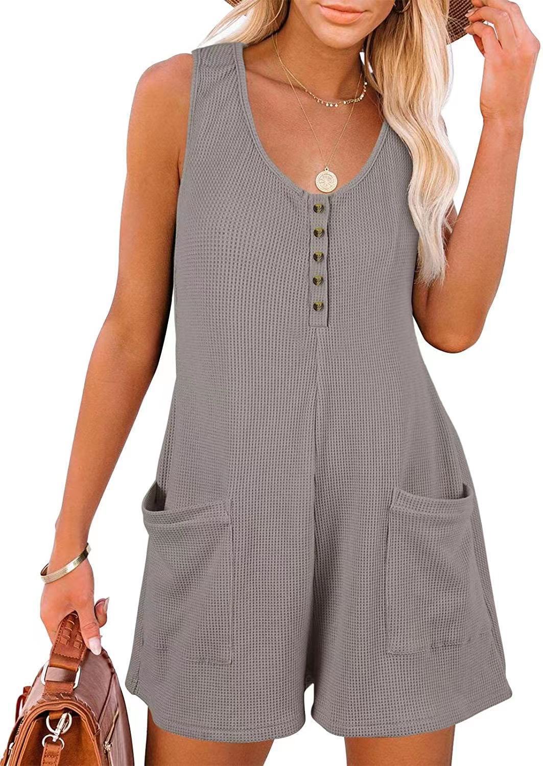Damen lässiger Kurz-Jumpsuit mit Knopfleiste und Taschen