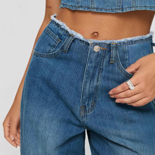 Damen weite Denim-Jeans mit hohem Bund und fransigem Saum R&B