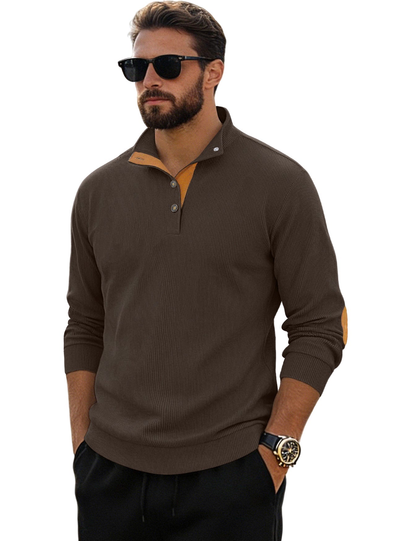 Herren nan fein gerippter Strickpullover mit Polokragen Knopfleiste und Ellenbogenbesatz R&B