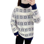 Damen Strickpullover mit modernem Schneeflocken-Muster und Stehkragen