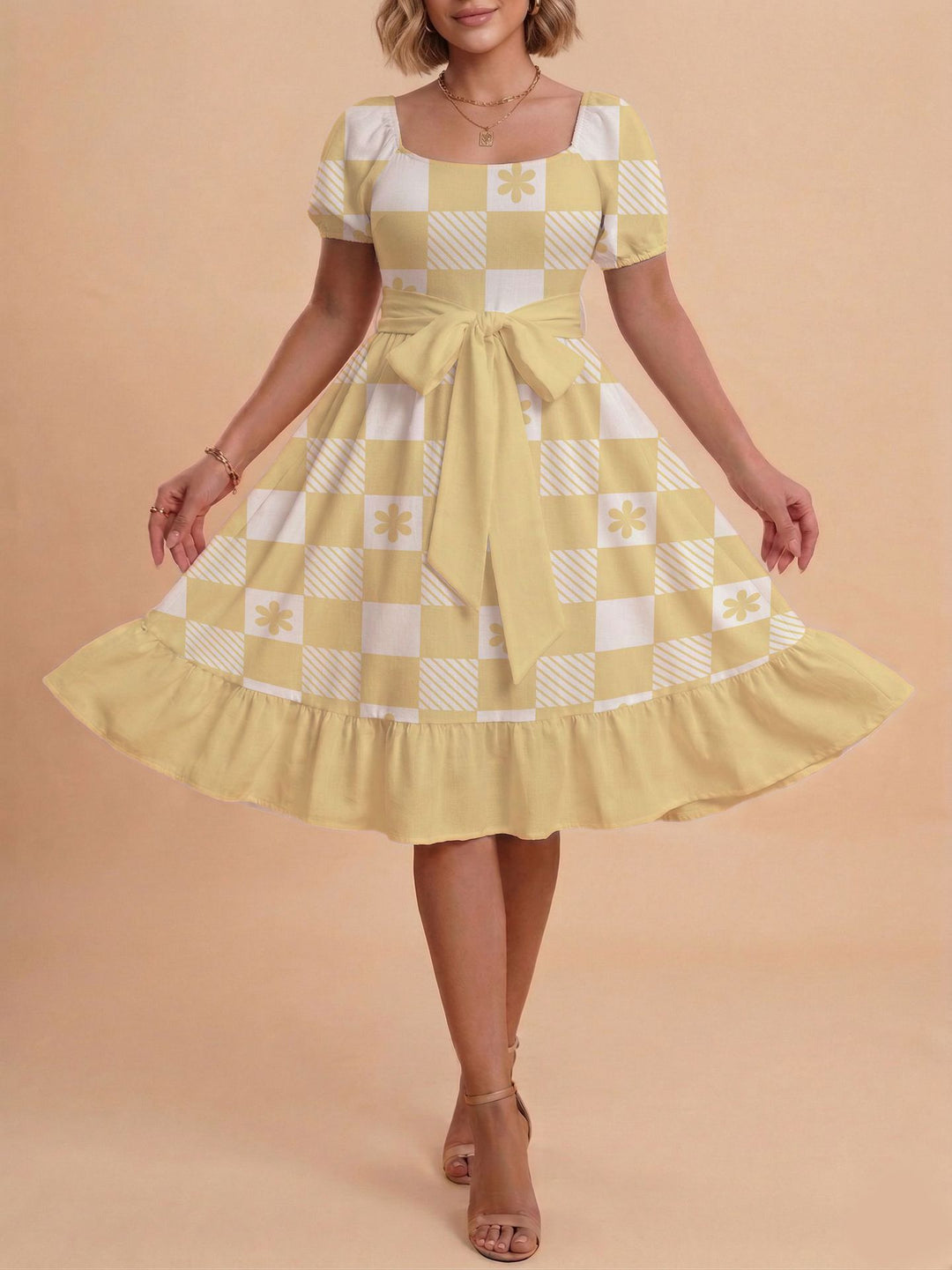 Damen Verspieltes Maxikleid mit Bärenmuster und taillierbarem Band R&B
