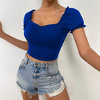 Damen figurbetontes Crop-Top mit Puffärmeln und Raffung R&B
