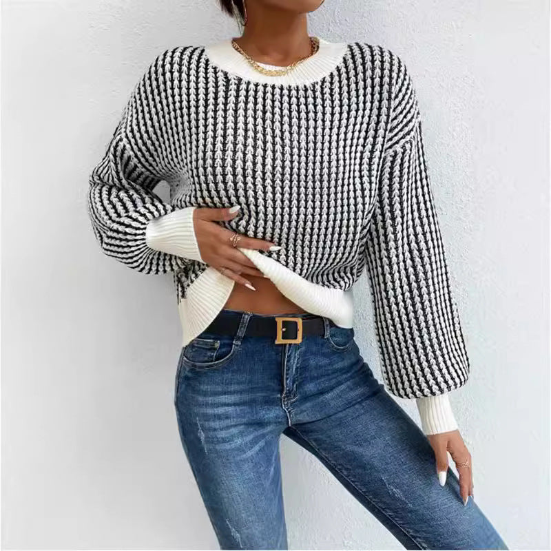 Damen lässiger Strickpullover mit voluminösen Ärmeln und strukturiertem Muster R&B