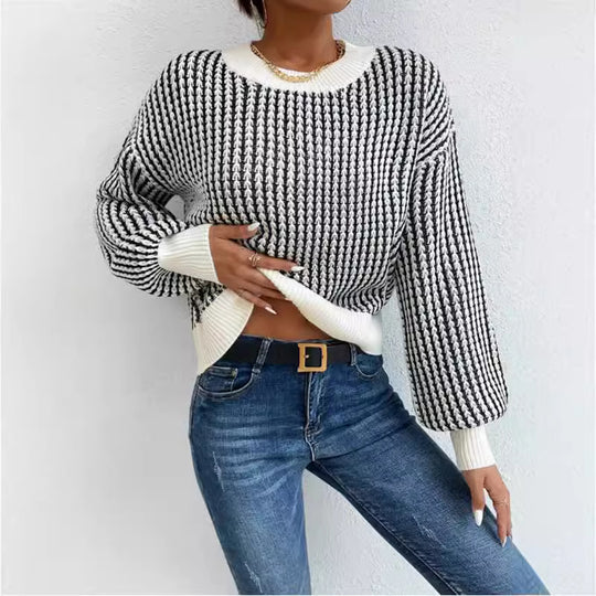 Damen lässiger Strickpullover mit voluminösen Ärmeln und strukturiertem Muster R&B