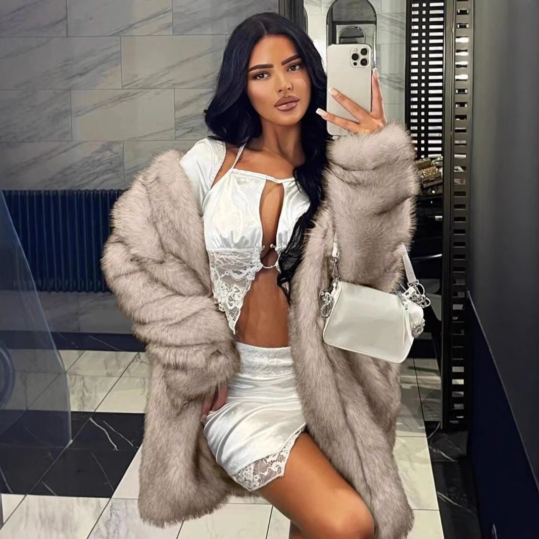 Damen Luxuriöser Kunstpelzmantel mit offenen Ärmeln R&B