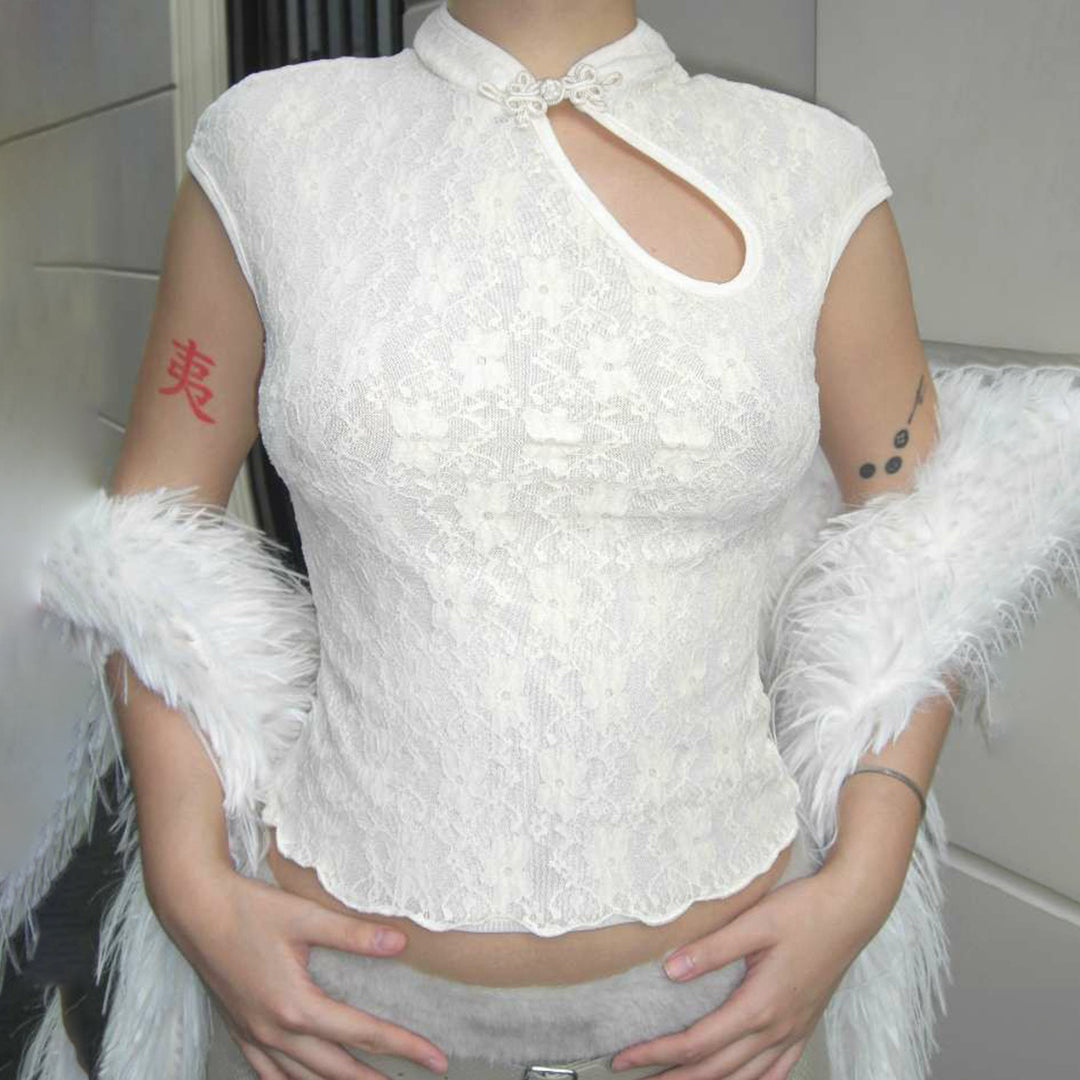 Damen Crop-Top mit floralem Spitzenmuster und raffiniertem Halterneck R&B