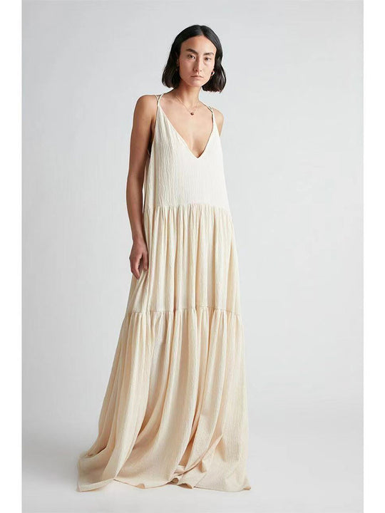 Damen Maxikleid mit tiefem V-Ausschnitt und voluminösem Rock R&B