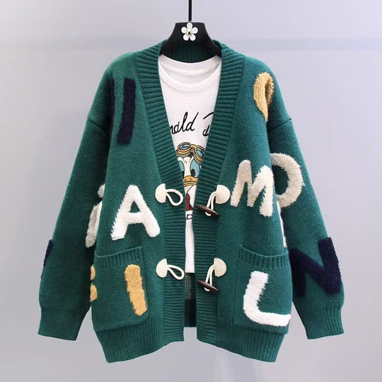 Damen Grobstrick-Cardigan mit bunten Applikationen und großen Taschen R&B