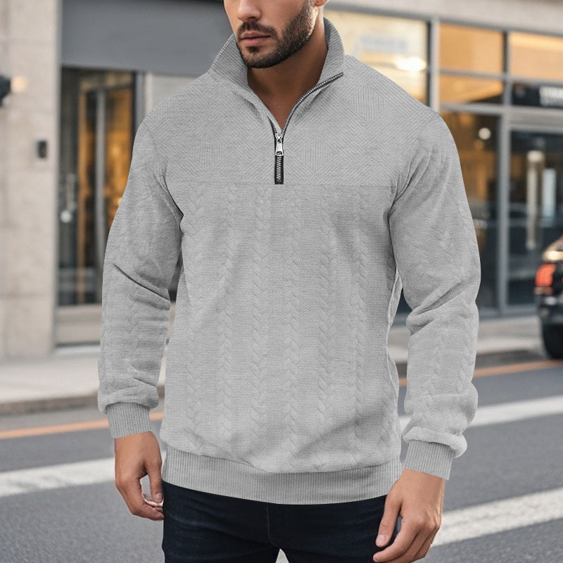 Herren Strickpullover mit halbem Reißverschluss und strukturierter Oberfläche R&B